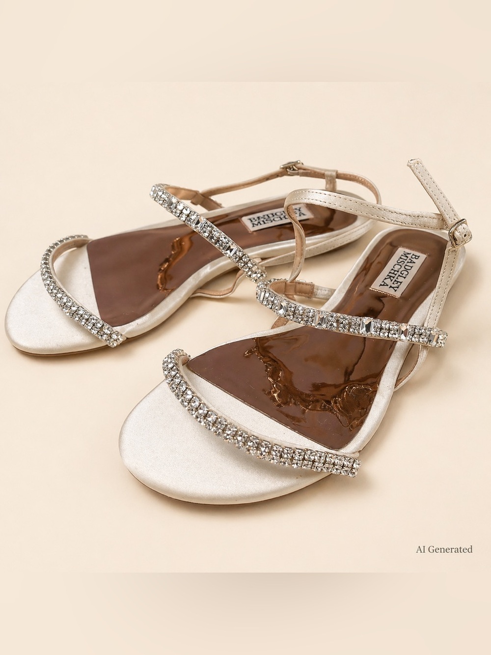 New! Badgley Mischka Zandra Embellished White Rose Gold Strappy Sandal Size 5.5